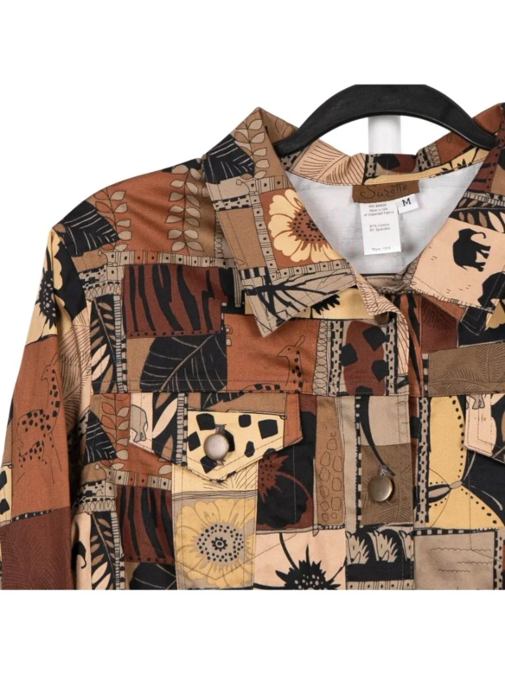 Suzette Safari Button Up Jacket Shirt M New Patchwork Brown Elephant Giraffe - Picture 2 of 7